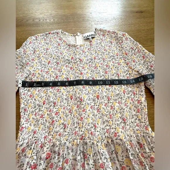 Ganni Floral Babydoll Mini Dress Long Sleeve Ditsy Print Pleated